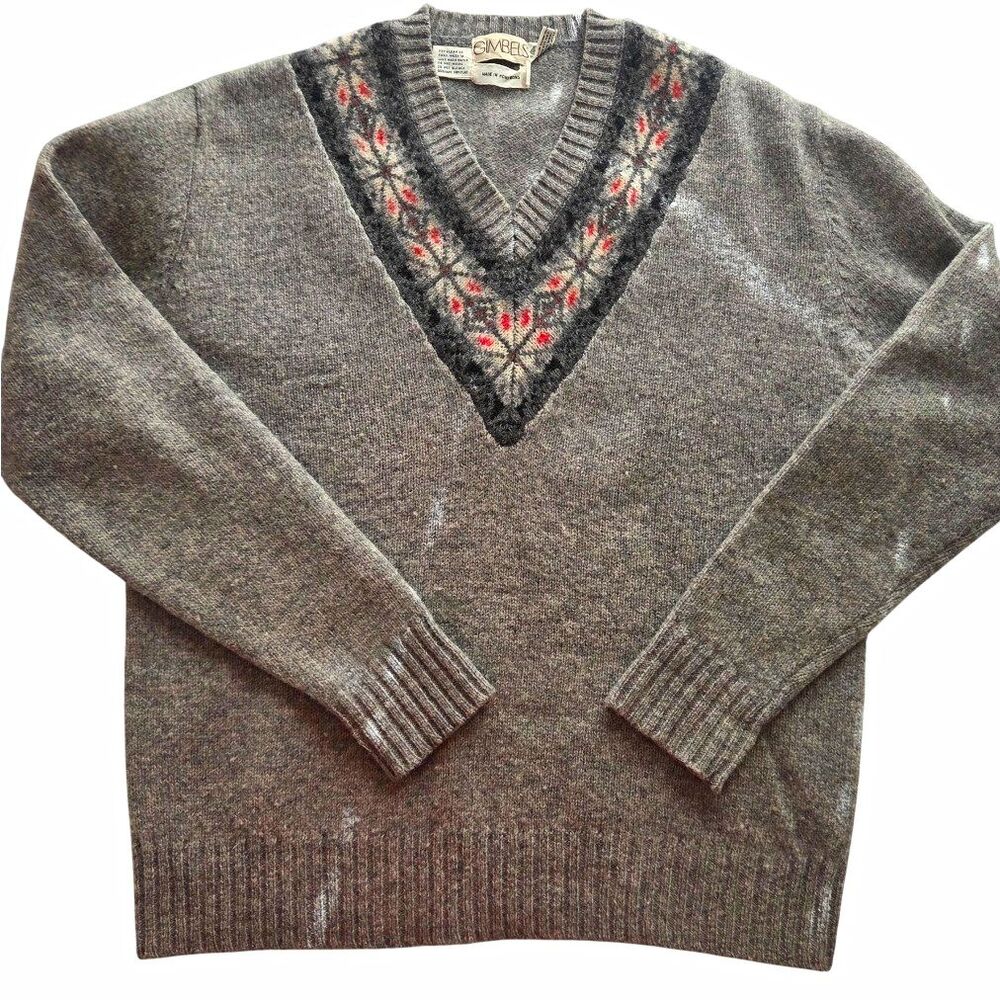 Gimbels Womens XL Gray Fair Isle V-Neck Wool Knit Pullover Sweater Long Sleeve